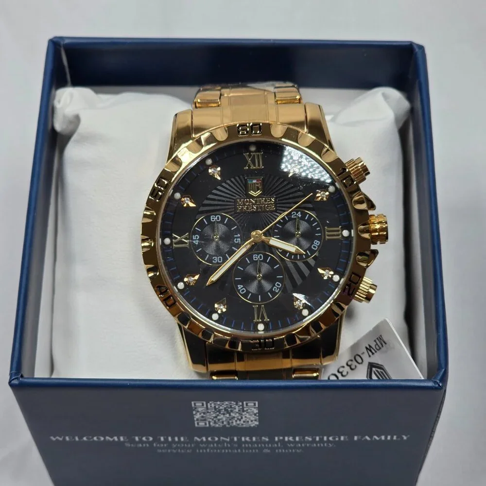 Montres Prestige MPW-0330‎ Gold Chronograph Style Watch Black Dial New w Box